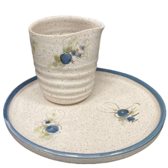 Vintage Pottery Dessert Snack Breakfast Plate & Creamer Blue Beige Earthenware - Picture 1 of 13